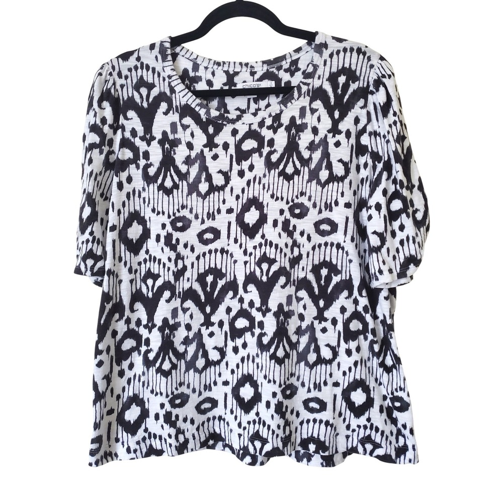Chico's 3 Womens Black White Ikat Puff‎ Sleeve Slub Knit Top Blouse Cotton
